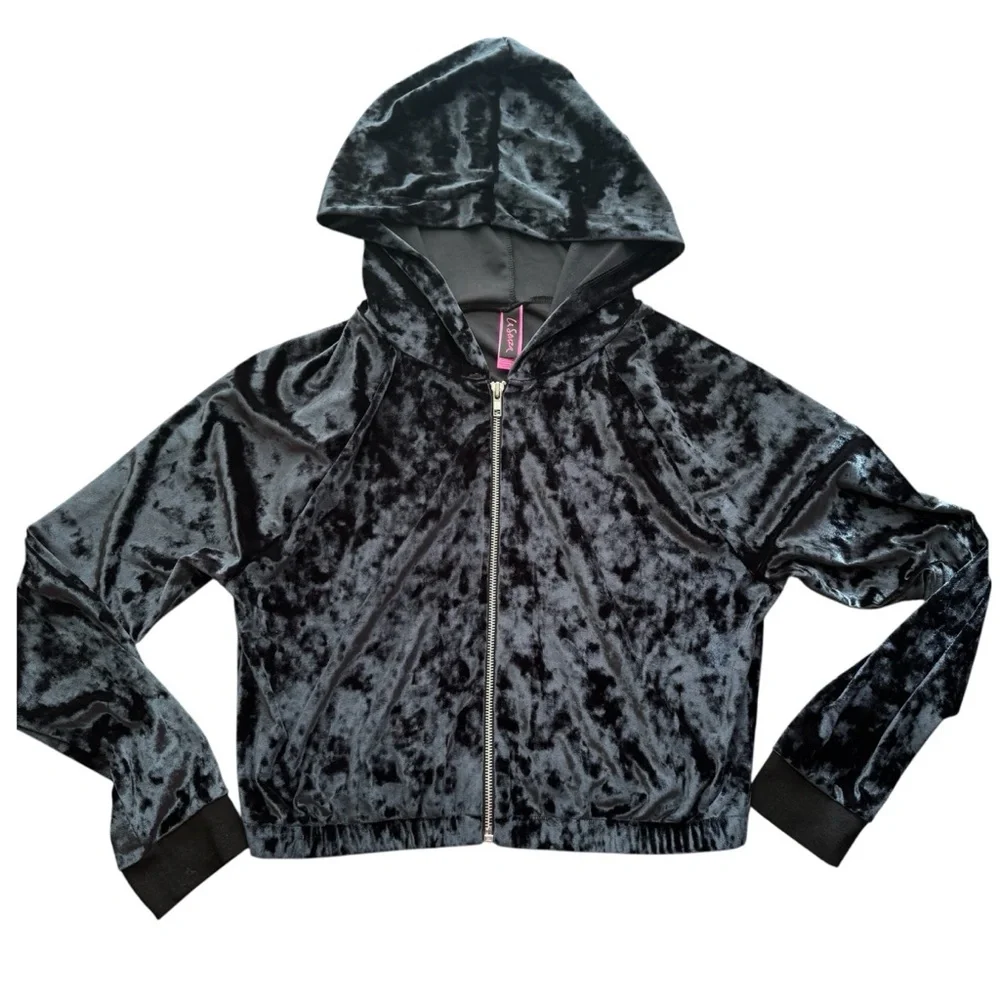 La Senza Black Crushed Velvet Velour Full Zip Cropped Y2K Track Sweater M - Picture 2 of 11